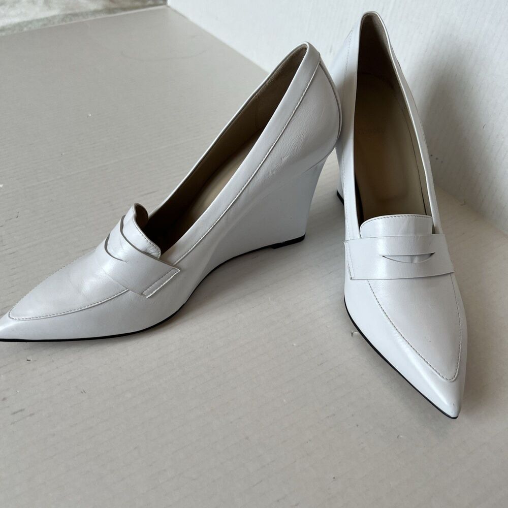 Theory Leather Wedge Sandals Pointed Cap Toe White 41 /9.5-10 Italy NWOB